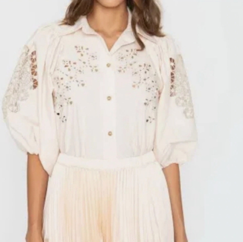 Caballero Eyelet Puff-Sleeve Button-Down Blouse - White